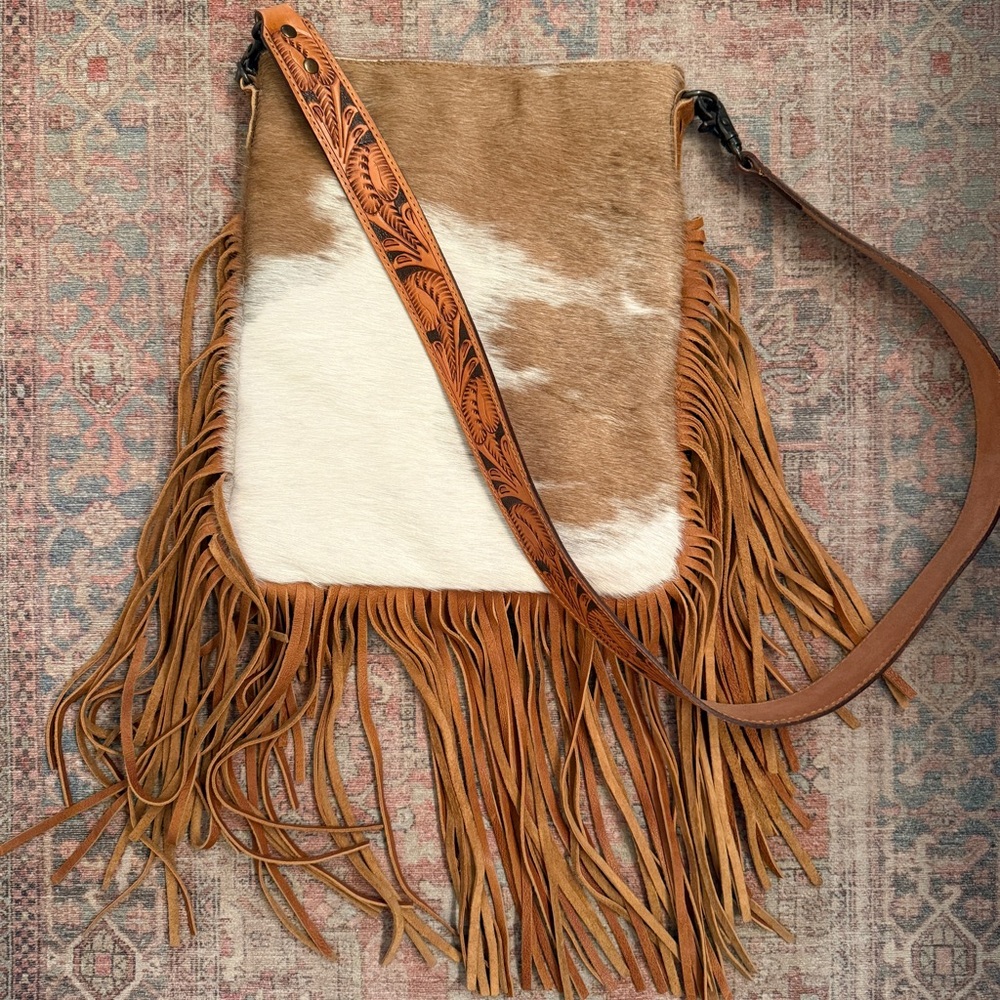 American Darling Fringed Tan and White Leather Bag